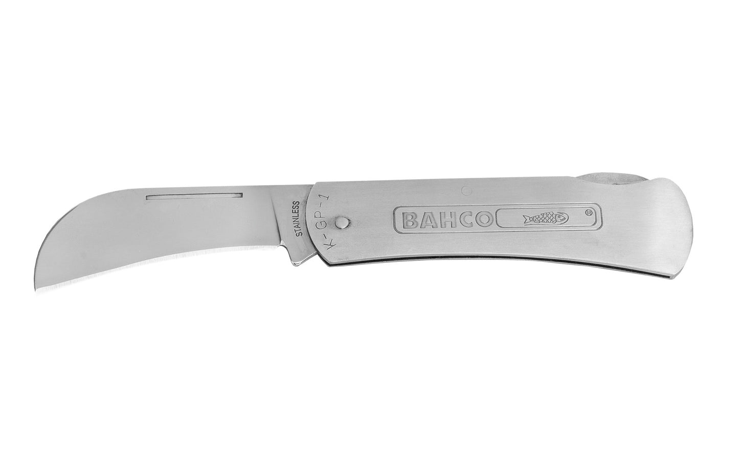  A quality Bahco Hook Shaped Foldable Stainless Pruning Knife for all gardening & pruning work such as flower cutting & cutting of twigs & young stems. Made of stainless steel. Foldable for safe transportation. Comfortable, very thin stainless steel handle. Thin design to fit into the pocket. Model K-GP-1. Made in UK.