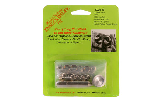 C.S. Osborne Snap Fastener Kit with 1/2" Snaps. Designed for fabric to fabric application - Great for tarpaulin, canvas, curtains, mesh, leather, etc. Set includes one die, one flaring tool, six caps & sockets, six eyes & eyelets. Snaps are nickel-plated brass. Model No. K229-20. Made in USA ~ 096685142302