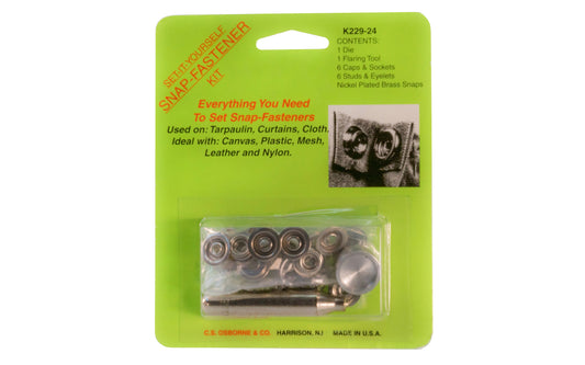 C.S. Osborne Snap Fastener Kit with 5/8" Snaps. Designed for fabric to fabric application - Great for tarpaulin, canvas, curtains, mesh, leather, etc. Set includes one die, one flaring tool, six caps & sockets, six eyes & eyelets. Snaps are nickel-plated brass. Model No. K229-24. Made in USA ~ 096685142326