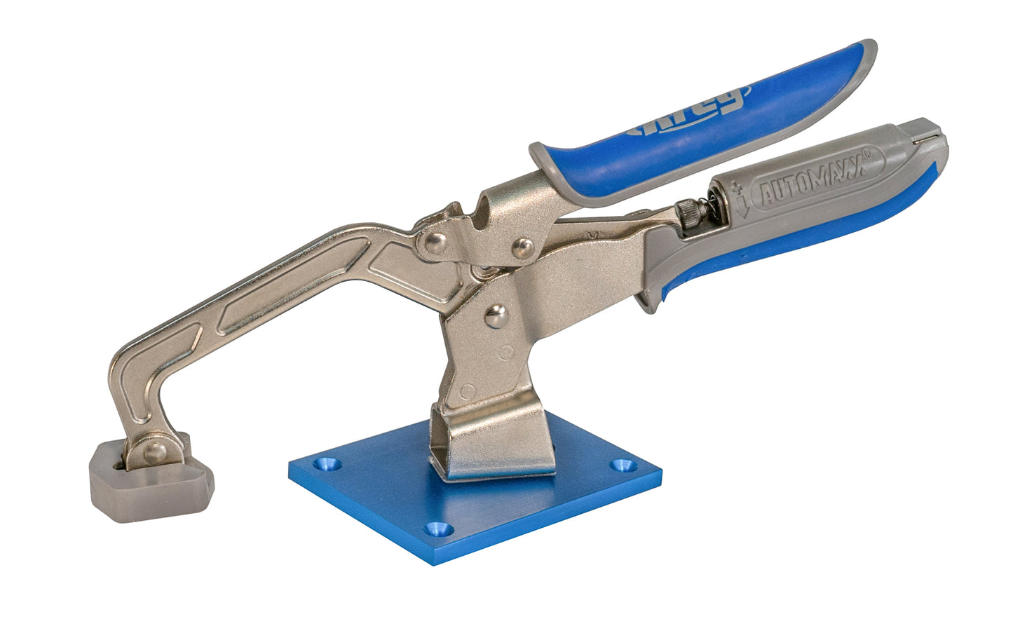 Create flush pocket hole joints with system - A versatile 360° benchtop clamping station - Model No. KBC3-SYS - 3-1/4" Deep Reach - Includes 3" (76mm) bench clamp, clamp plate, & mounting hardware. Clamp features an adjustment knob for built-in pressure control. Kreg Toggle Clamp System. Use on workbench, sawhorse, etc