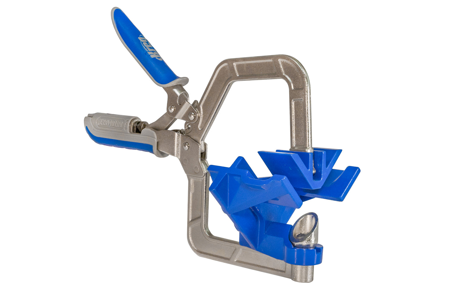 The easy way to hold 90° corners & "T" joints in boxes, cabinets & cases - Model No. KHCCC - Cutout allows driving a pocket-hole screw without removing clamp - Cast aluminum "V" wedge clamp pads - Clamp features adjustment knob for built-in pressure control - Clamps materials up to 1" thick - 90 degree corner clamp