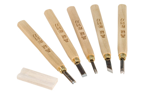 Made in Japan · Five piece chisel carving set. Straight, right hand skew, 60° V parting tool, gouge 1/8", gouge 1/4" included ~ Japanese-made mini 5-piece set of small chisels. Sharp edges making them excellent for fine detail carving woodwork. A small whetstone for sharpening is included in set. 4957935002653. No. 26-5