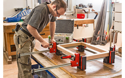 Bessey Parallel K-Body Bar Clamps are powerful clamps designed to clamp at 90 degrees to the rail with very large clamping surfaces. Converts to spreading with no tools required in seconds by removing end stop & reversing operating head. 31" opening - 3-3/4" throat depth - Model KRE3531 - Anti-slide mechanism - REVO - 788502203753