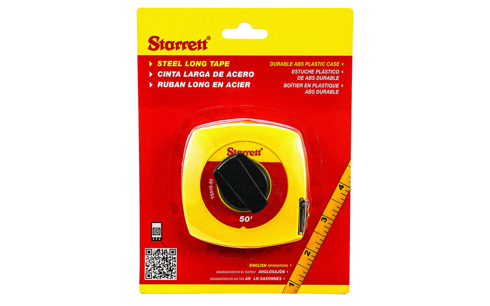 Starrett 3/8" x 50' Steel Tape Measure. The closed steel long tapes are produced with high visibility ABS plastic. These value priced long tape measures are easy to locate and difficult to damage. The steel blade provides a precise measurement of up to 50'. The blade has a clear uncluttered line and numbering style.