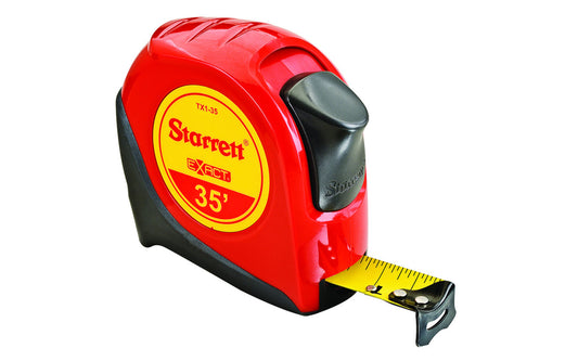 Starrett 1" x 35' Tape Measure. Produced of high durability ABS plastic for extended case life, these tape measures offer overmold for improved grip. Their ergonomic design fits comfortably in the hand and incorporate industry standard standout, and improved blade protection. belt clips.
