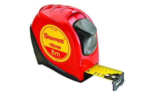 Starrett 1" x 8m Tape Measure. Produced of high durability ABS plastic for extended case life, these tape measures offer overmold for improved grip. Their ergonomic design fits comfortably in the hand and incorporate industry standard standout, & improved blade protection. Model KTX1-8M-N