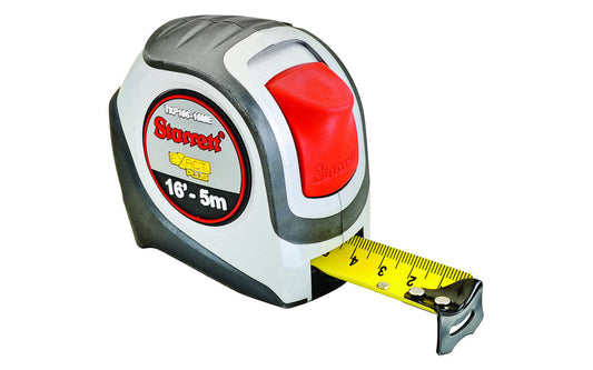 Starrett 16' x 5m Tape Measure. Produced of high impact resistant PC-ABS plastic for superior case life, these tape measures incorporate heavy overmold and improved grip. Model KTXP106-16ME