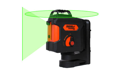 Model No. 40-6676 · Projects self-leveling 360° plane of laser light with vertical beam for plumb work ~ GreenBrite Technology - 400% more visible than red lasers. Manual mode allows unit to tilt at extreme angles. Multi-functional magnetic base provides strong hold that will not slide. With battery pack.  049448066766