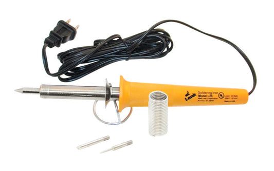 Wall Lenk 25W Soldering Iron Kit ~ L25K. 25W electric soldering iron. Mica insulated nichrome heating element for efficient heat transfer and tip temperature. Maximum tip temperature of 850° F.  8' long plug-in cord. Wall Lenk Model L-25K. 25 watts. Includes tips, solder, & small metal tool stand. 048491100021