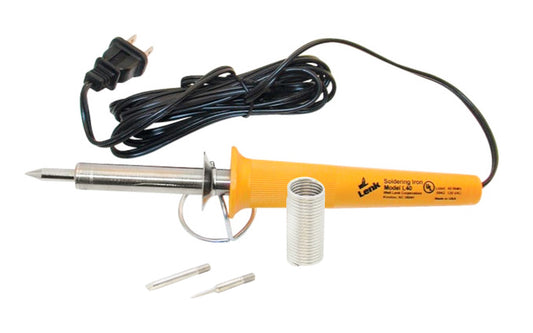 Wall Lenk 40W Soldering Iron Kit ~ L40K. 40W electric soldering iron. Mica insulated nichrome heating element for efficient heat transfer and tip temperature. Maximum tip temperature of 975° F.  8' long plug-in cord. Wall Lenk Model L-40K. 40 watts. Includes tips, solder, & small metal tool stand. 048491100212