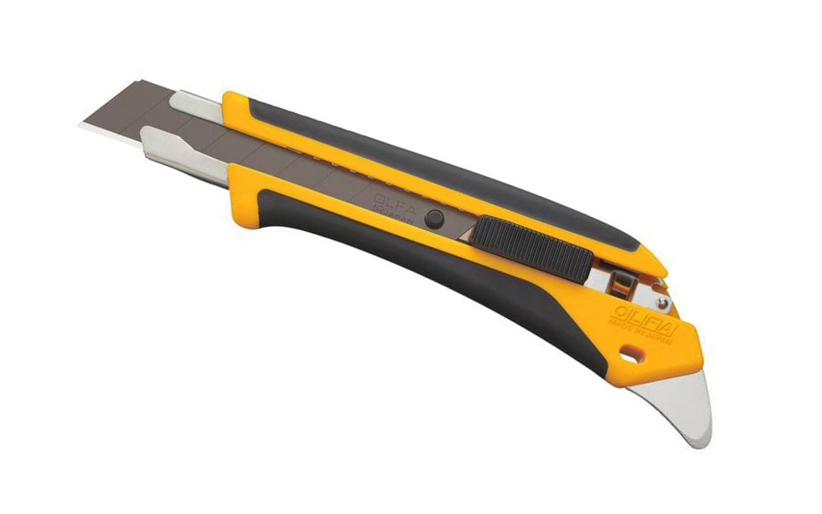 Olfa 18mm "LA-X" fiberglass utility knife with multi-pick has a LBB Heavy-Duty Ultra-Sharp Black Snap-Off Blade automatically locks firmly in place & offers a new sharp edge every time you need it. Tool-free blade change. 18 mm (3/4") wide blade. Stainless blade channel. 091511600865. Olfa Model LA-X. Made in Japan