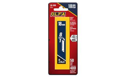 Olfa "LB-50B" 18 mm Replacement Blades are Heavy-Duty Silver Snap-Off Blades. 50 Pack - 18 mm (3/4") wide blade. Heavy duty snap-off blade. Olfa general purpose silver blade. Expertly honed premium Japanese carbon tool steel provides durability & resilient sharp edge. 091511600193. Olfa Model LB-50B. Made in Japan