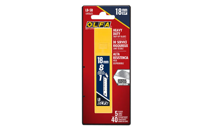 These Olfa "LB-5B" 18 mm Replacement Blades are Heavy-Duty Silver Snap-Off Blades. 5 Pack - 18 mm (3/4") wide blade. Heavy duty snap-off blade. Olfa general purpose silver blade. Expertly honed premium Japanese carbon tool steel provides durability & a resilient sharp edge. 091511607093. Olfa Model LB-5B. Made in Japan