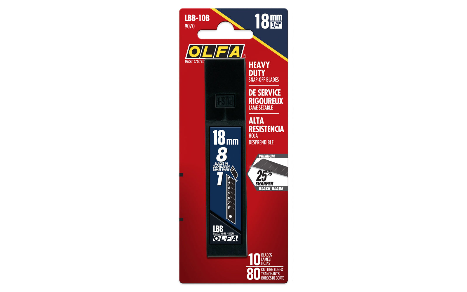 Olfa "LBB-10B" 18 mm Replacement Black Blades 10 Pack are sharper than standard silver blades by up to 25%. These heavy duty blades are made with premium carbon tool steel from Japan & are honed on both sides of the blade for professional grade cutting. 091511600360. Olfa Model LBB-10B. 10 Blades in Pack. Made in Japan