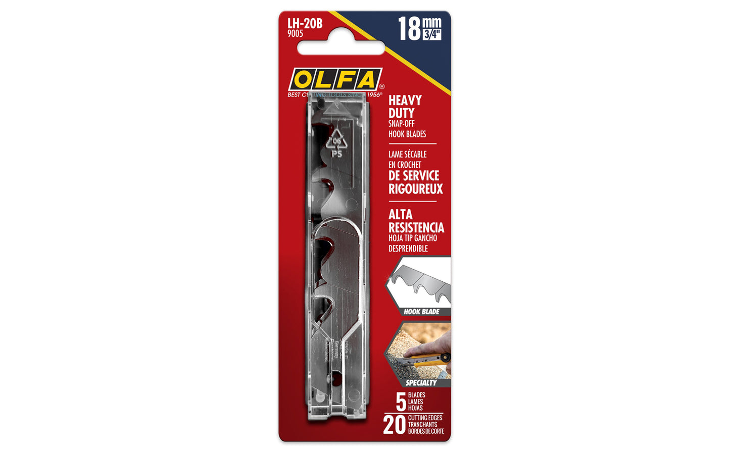 Olfa "LH-20B" 18 mm Hook Replacement Blades are designed with high-quality carbon tool steel for an ultra-sharp edge, & the 18mm blades are shaped to pull material toward the blade while keeping the sharp edge away. Hook shape protects surface under cut - Perfect for carpet, house wrap, shingles, & more. 5 Pack