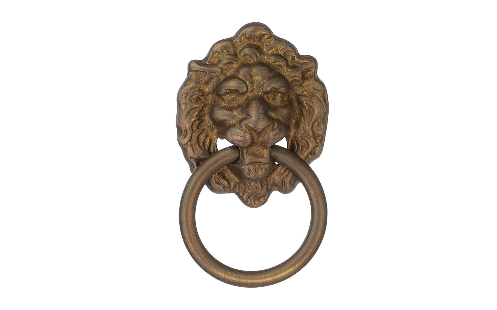 Classic & traditional lion-head ring pull. Great for embellishment of cabinets, drawers, & furniture. Made of quality solid brass material, this ring pull is thick & stout for durable use. Designed in the 19th century style, Victorian style, Duncan Phyfe style of hardware. Antique Brass Finish.