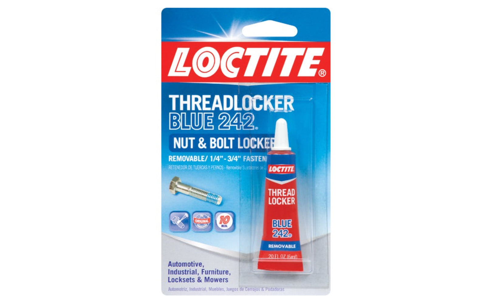Loctite 0.2 oz Blue Threadlocker 242. This removable product fastens against loosening of nuts, screws, & bolts due to vibrations. It prevents against rusting & leaking. It's also OEM certified. 079340242005