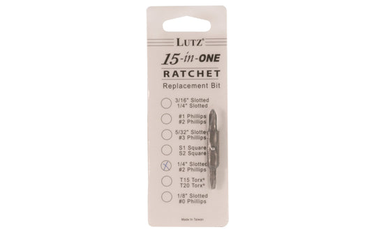 Lutz 1/4" Slot & #2 Phillips Double Bit designed for the Lutz 15-in-1 Ratchet Screwdriver  See here. Made of chrome vanadium 6150 steel alloy, which is heat treated to a Rockwell of 58 to 60. 2" long bit. Model No. 21103. 052427211033