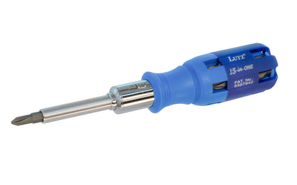 Lutz Tools ~ Lutz 15-in-One Ratchet Screwdriver - 15-in-1 Screwdriver - Ratcheting Screwdriver - Ratcheting - Chamber opens for easy access & storage - Slotted Bits - Square Driver Bits - Phillips Bits - Torx Bits - 8" length - Lutz Yellow Ratcheting Screwdriver - Blue - 052427210005  - heat treated & tempered bits