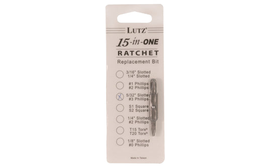 Lutz 5/32" Slot & #3 Phillips Double Bit designed for the Lutz 15-in-1 Ratchet Screwdriver  See here. Made of chrome vanadium 6150 steel alloy, which is heat treated to a Rockwell of 58 to 60. 2" long bit. Model No. 21104. 0524272211040