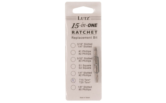 Lutz Torx 15 & Torx 20 Double Bit designed for the Lutz 15-in-1 Ratchet Screwdriver  See here. Made of chrome vanadium 6150 steel alloy, which is heat treated to a Rockwell of 58 to 60. 2" long bit. Model No. 21106. 052427211064