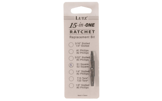 Lutz #1 & #2 Square Drive Double Bit designed for the Lutz 15-in-1 Ratchet Screwdriver  See here. Made of chrome vanadium 6150 steel alloy, which is heat treated to a Rockwell of 58 to 60. 2" long bit. Model No. 21107. 052427211071