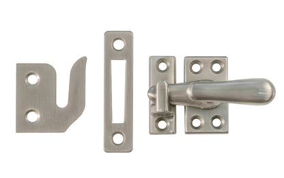 Classic & Traditional Solid Brass Casement Window Latch ~ Regular Size. 1-9/16" high x 7/8" wide latch turn base. Locks & tightens window frames or small doors. Reversible for right or left applications. Vintage-style casement window lock. Brushed Nickel Finish.
