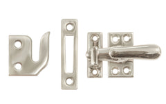 Classic & Traditional Solid Brass Casement Window Latch ~ Regular Size. 1-9/16" high x 7/8" wide latch turn base. Locks & tightens window frames or small doors. Reversible for right or left applications. Vintage-style casement window lock. Polished Nickel Finish.