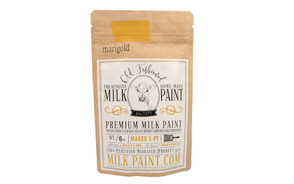 This Milk Paint color is "Marigold" color - It is a golden yellow with orange undertones. Comes in a powder form, you can control how thick/thin you mix the paint. Use it as you would regular paint, thinner for a wash/stain or thicker to create texture. Environmentally safe, non-toxic & is food safe. 100% VOC free. Powder Paint