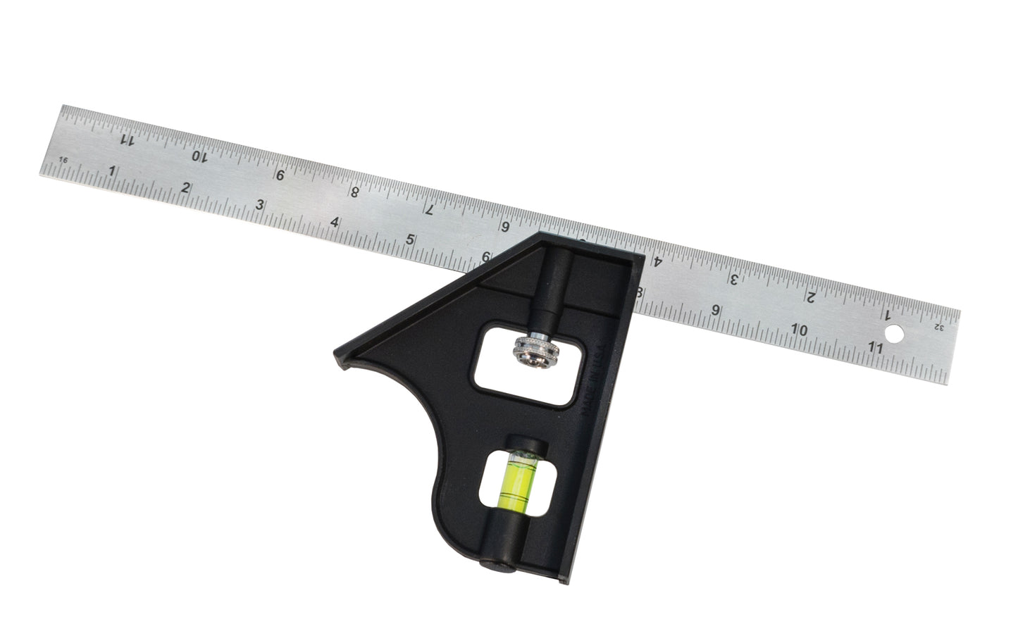 Model No. 11325 ~ Basic economy Mayes 12" combination square with a stainless steel rule. The blade is treated to resist rust & etched in 1/8" & 1/16" graduations. High impact plastic head.   Made in USA. 028452113253