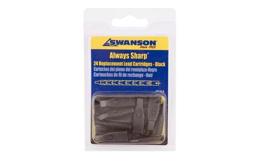 Swanson Mechanical Carpenter Pencil Refills - 24 Pack. Swanson Mechanical Carpenter Pencil Refill Leads are sharp on both sides. The lead will also last 5 times longer since there is no waste due to sharpening. Model CPLBLK. 038987004049. 24 refills in pack.