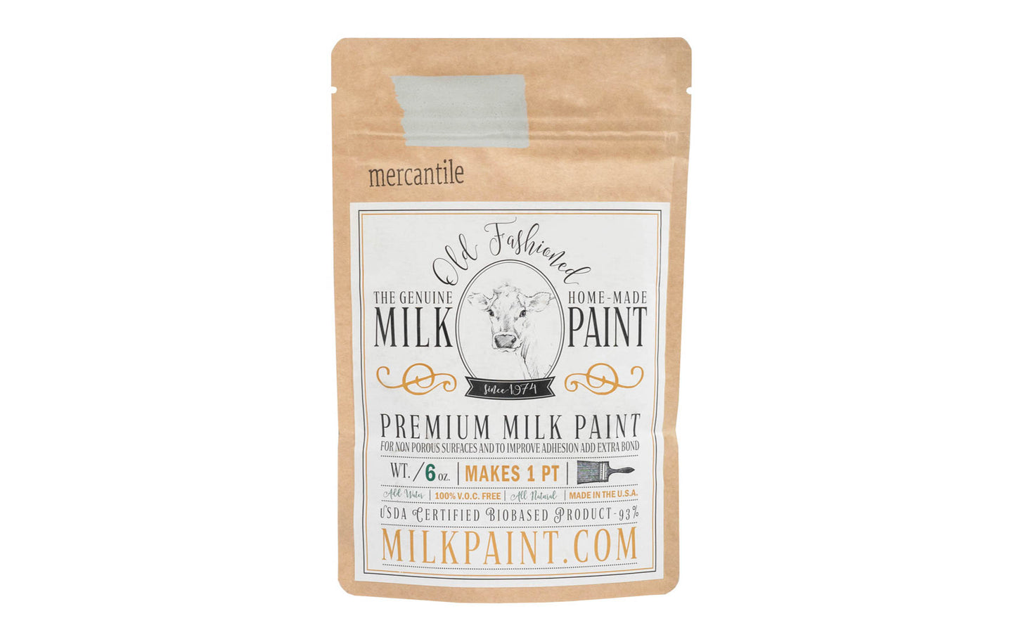 This Milk Paint color is "Mercantile" color - Light neutral gray. Comes in a powder form, you can control how thick/thin you mix the paint. Use it as you would regular paint, thinner for a wash/stain or thicker to create texture. Environmentally safe, non-toxic & is food safe. 100% VOC free. Powder Paint