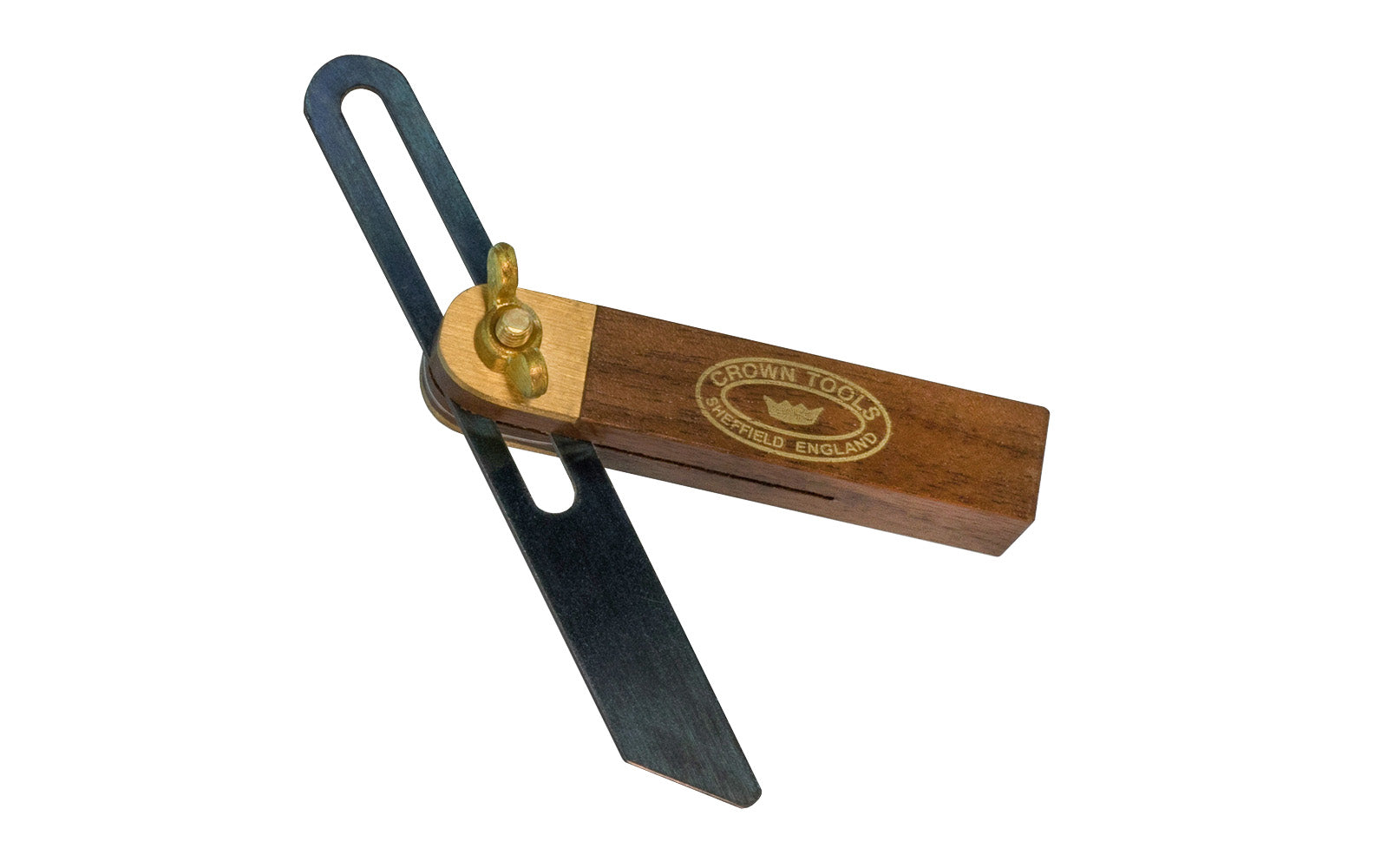 This Crown Tools Mini Walnut Sliding T-Bevel is used for measuring & transferring angles. Hardened & tempered blued steel blade & the walnut bevel fitted with brass. The lever lock secures the blade in any position. A great & handy tool for angle layouts & measurements.  Made in Sheffield, England. Model 115MW. 3-3/4