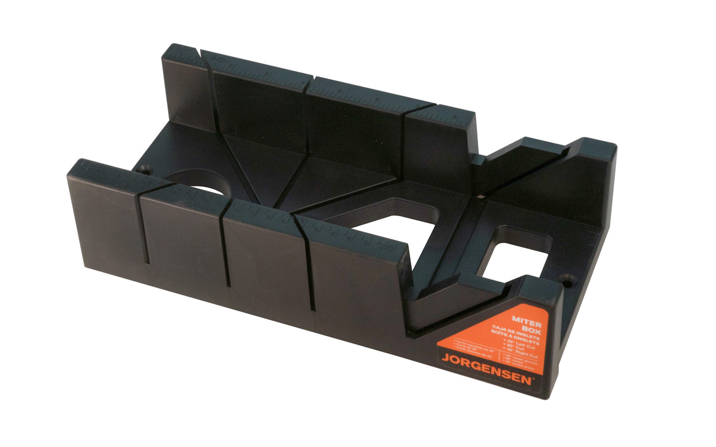 Jorgensen Miter Box · Model 60112 ~ Cuts mitres on 45° & 90° angles ~ Holes in base for fastening to workbench ~ Lightweight & simple to use for variety of projects. Miter box is made of plastic material. 044295601122. Pony Mitre Box. Open interior allows cuttings to fall through. Inside dimensions: 12" x  4" x 2-1/8"