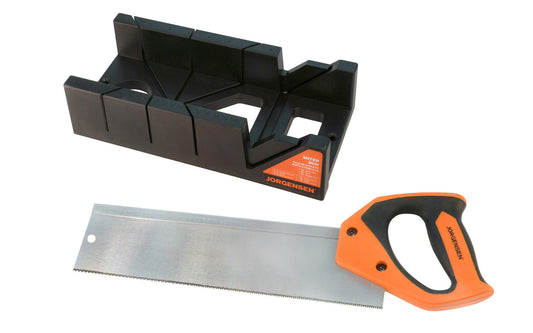 Jorgensen Miter Box with 14" Back Saw · Model 60115 ~  Cuts mitres on 45° & 90° angles ~  14" TPI back saw handsaw included ~ Holes in base for fastening to workbench ~ It’s a lightweight & simple to use choice for a variety of projects. Miter box is made of plastic material. 044295601153. Pony Mitre Box with Handsaw