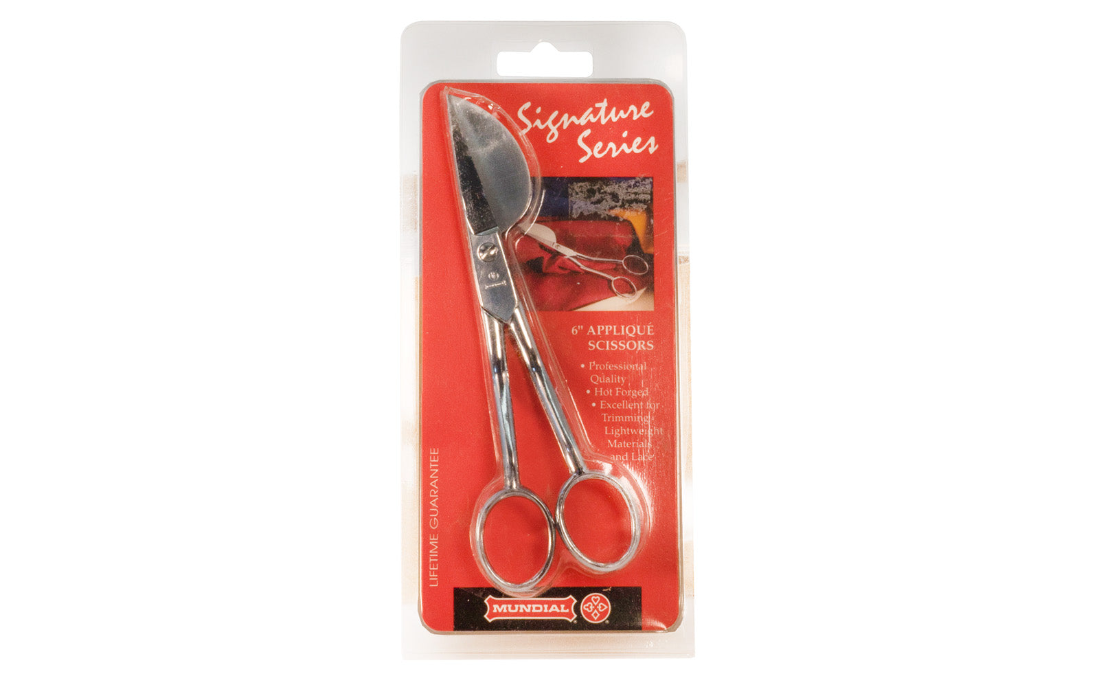 Mundial 6" Applique Scissors. Hot forged professional quality. Excellent for trimming & lightweight materials & lace, etc. Item No. 585. Made in Brazil. 049774058565