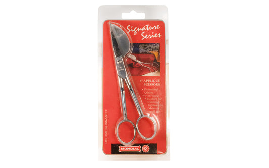 Mundial 6" Applique Scissors. Hot forged professional quality. Excellent for trimming & lightweight materials & lace, etc. Item No. 585. Made in Brazil. 049774058565