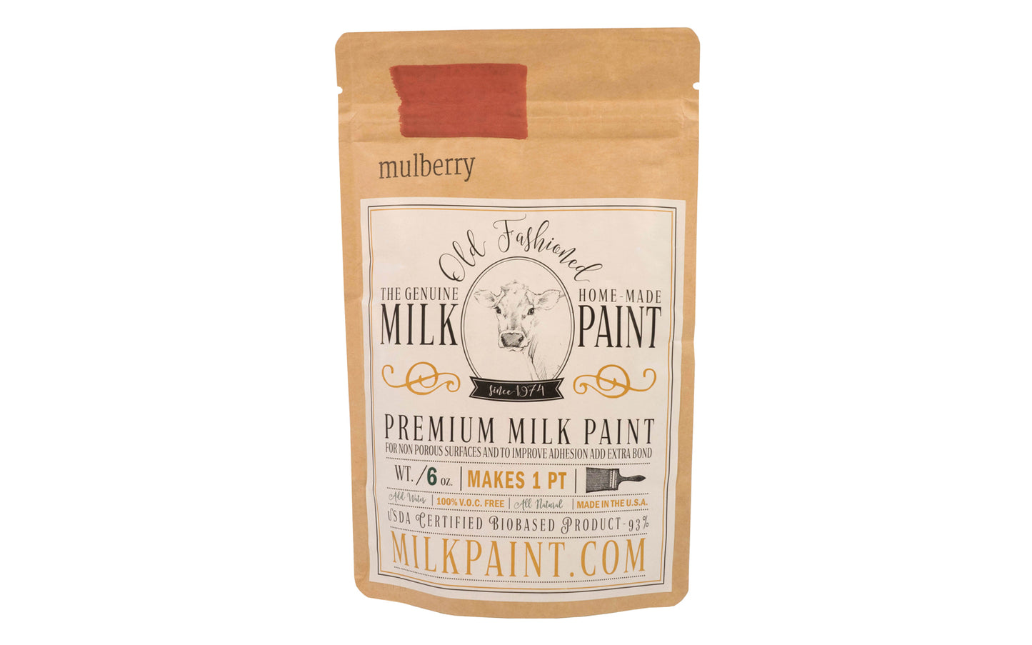 This Milk Paint color is "Mulberry" color - It is a red with rose and brown undertones. Comes in a powder form, you can control how thick/thin you mix the paint. Use it as you would regular paint, thinner for a wash/stain or thicker to create texture. Environmentally safe, non-toxic & is food safe. 100% VOC free. Powder Paint