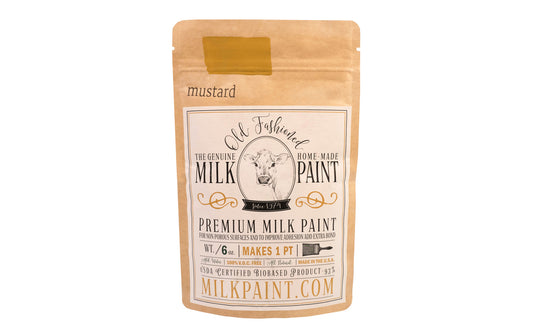 This Milk Paint color is "Mustard" color - It is a golden yellow with brown undertones. Comes in a powder form, you can control how thick/thin you mix the paint. Use it as you would regular paint, thinner for a wash/stain or thicker to create texture. Environmentally safe, non-toxic & is food safe. 100% VOC free. Powder Paint