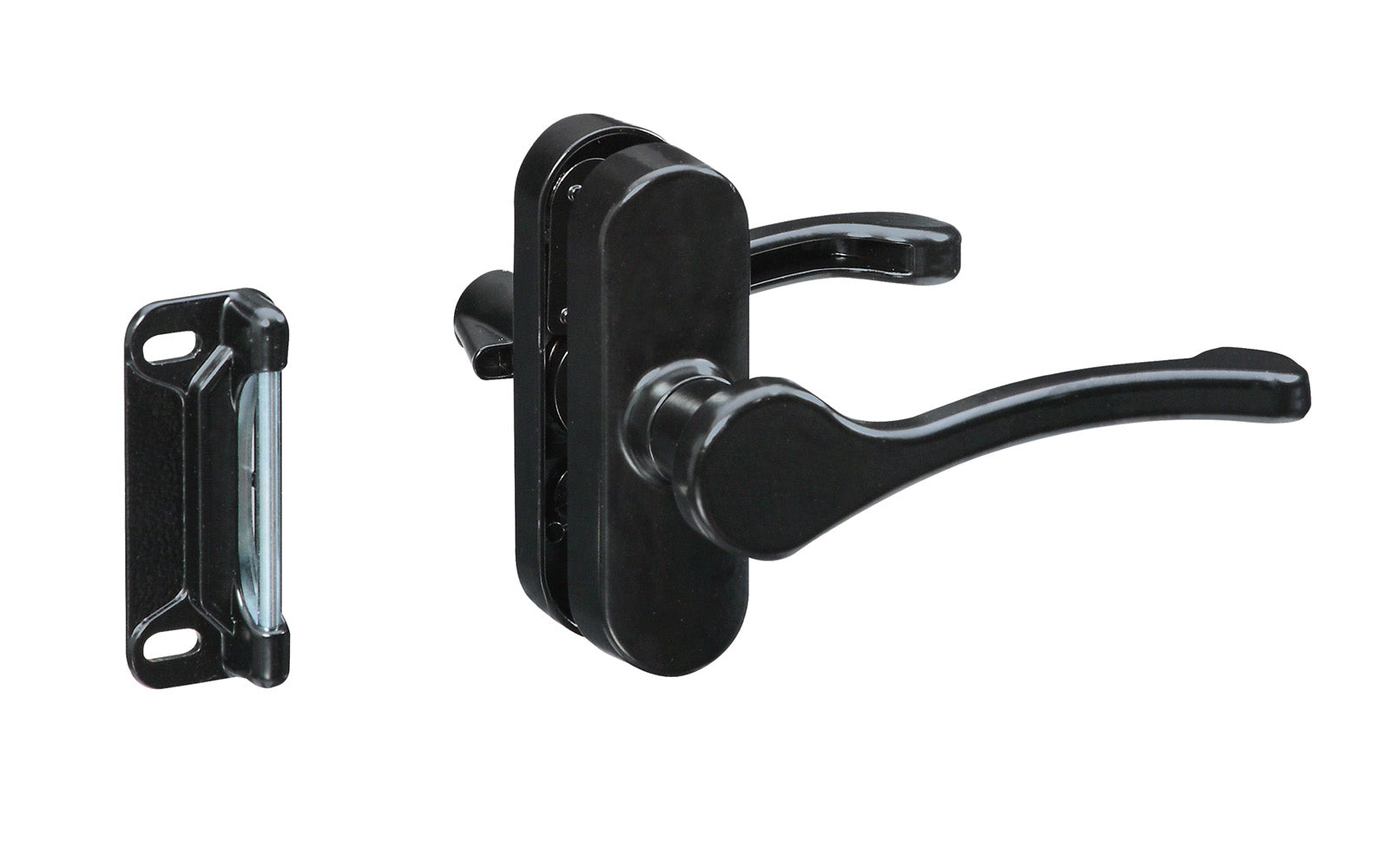 This Black Lever Screen/Storm Door Latch has an interior locking mechanism that provides enhanced security. Designed for wood or metal screen & storm doors with 1-3/4" hole spacing. Includes spring loaded strike plate. National Hardware Model No. N262-204. 038613262201