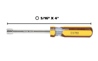 This GreatNeck 5/16" x 4" Nut Driver combines a long handle with a hollow shaft to withstand the most demanding applications. Constructed of chrome vanadium steel for strength and durability, its handle is made with the highest quality acetate.  Made in USA. Model ND7C.