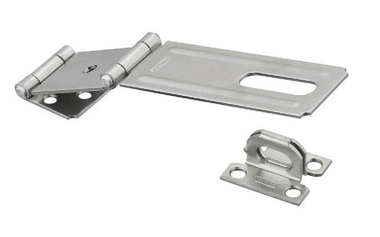 This 4-1/2" zinc-plated double hinge safety hasp is designed for around-the-corner on doors, lockers, chests, tool boxes, etc. For security, all screws are concealed when hasp is closed. Ribbed design for extra strength. Includes a rigid, non-swivel staple.  National Hardware Model N103-291. 038613103290. 