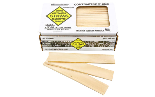 These 8" long Nelson "Beddar Wood" Shims are great for contractors. Thin, feathered tips. 8" long x 1-3/8" wide shims. Excellent for doors, windows, cabinets, countertops, leveling appliances, craft projects etc. 56 shims in box pack.     Made in USA.  091996888567