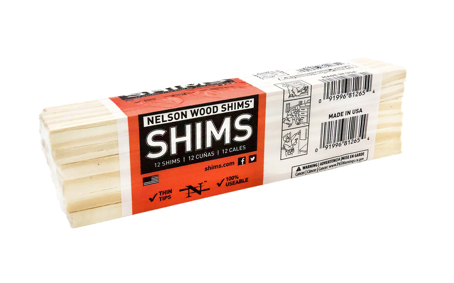8" long Nelson Wood Shims are a favorite of the do-it-yourself type & contractors. Thin, feathered tips. 8" long x 1-3/8" wide shims in a Excellent for doors, windows, cabinets, countertops, etc. 12 pack bundle. DIY Wood Shim Bundle. 100% kiln dried. Made in USA.