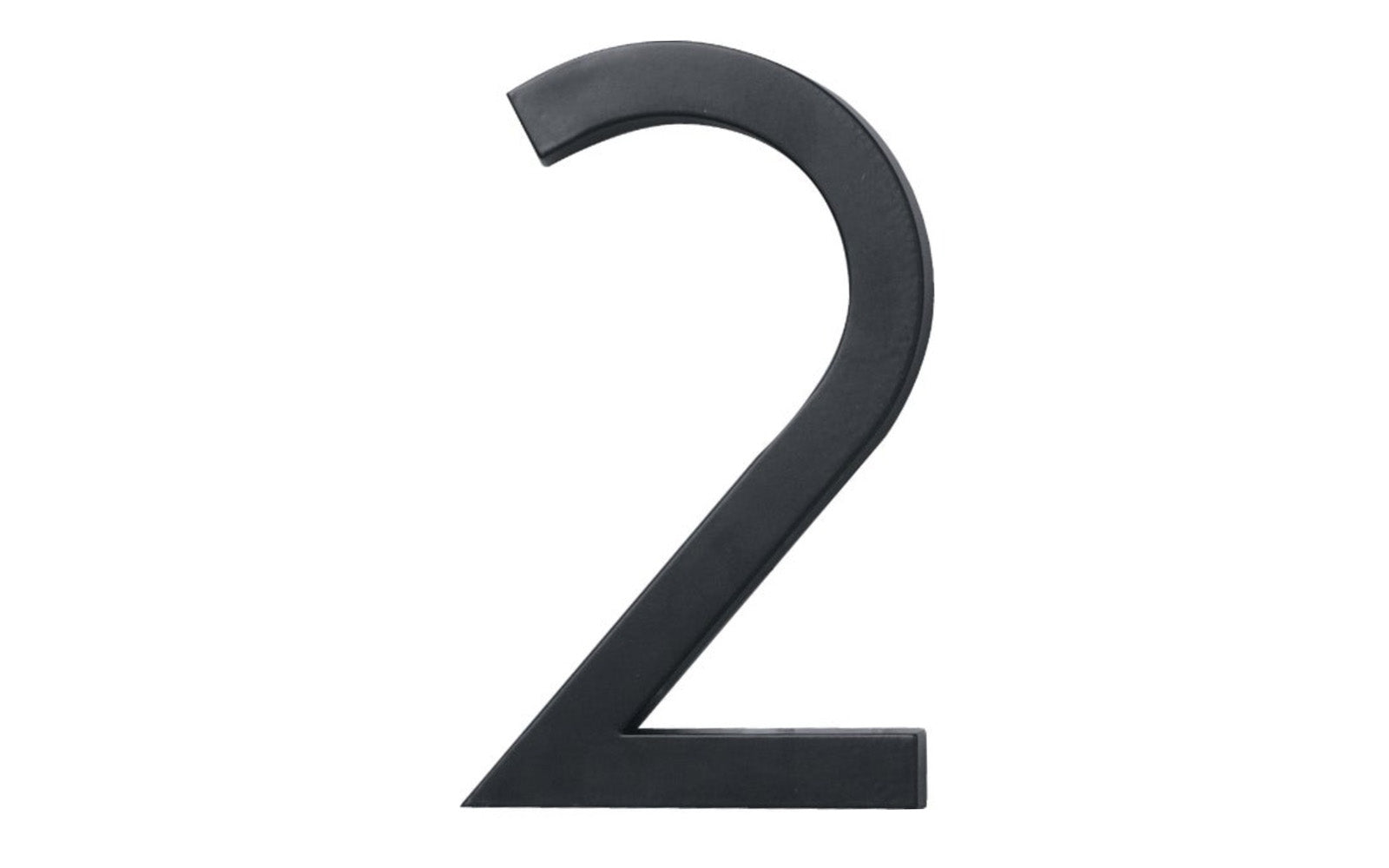 Number Two House Number in a classy architectural style design. Satin black finish. 6" size house number with 1/2" material thickness. Can be installed flush mount or floating mount (elevated from wall for a shadow effect). #2 House Number. Hy-Ko Model No. FM-6/2. 029069310721