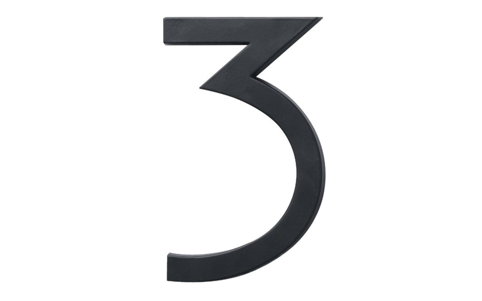 Number Three House Number in a classy architectural style design. Satin black finish. 6" size house number with 1/2" material thickness. Can be installed flush mount or floating mount (elevated from wall for a shadow effect). #3 House Number. Hy-Ko Model No. FM-6/3. 029069310738