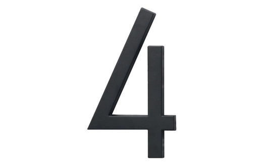 Number Four House Number in a classy architectural style design. Satin black finish. 6" size house number with 1/2" material thickness. Can be installed flush mount or floating mount (elevated from wall for a shadow effect). #4 House Number. Hy-Ko Model No. FM-6/4. 029069310745