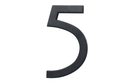 Number Five House Number in a classy architectural style design. Satin black finish. 6" size house number with 1/2" material thickness. Can be installed flush mount or floating mount (elevated from wall for a shadow effect). #5 House Number. Hy-Ko Model No. FM-6/5. 029069310752