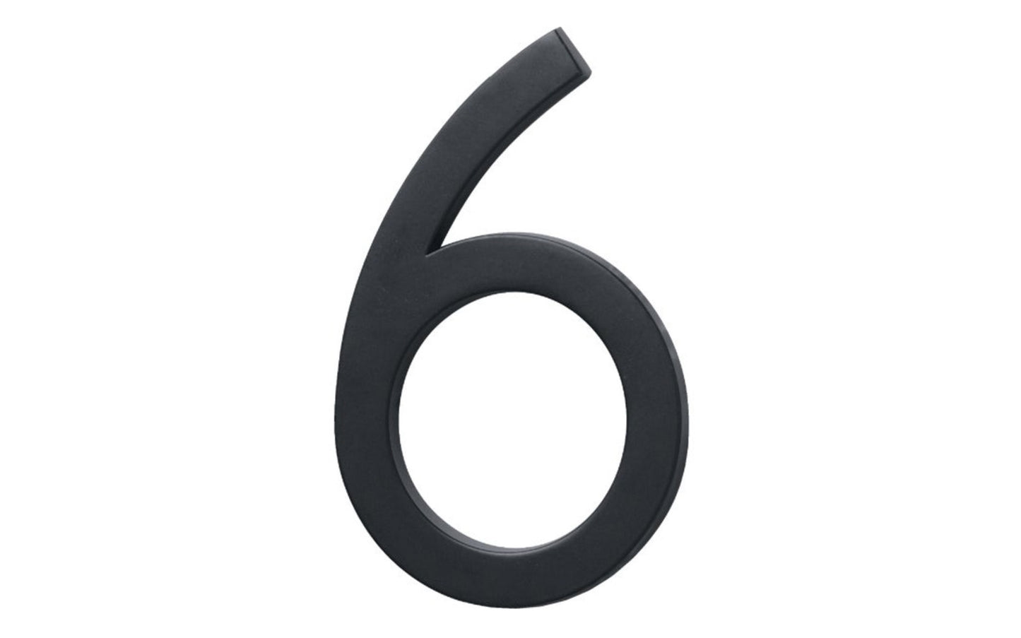 Number Six House Number in a classy architectural style design. Satin black finish. 6" size house number with 1/2" material thickness. Can be installed flush mount or floating mount (elevated from wall for a shadow effect). #6 House Number. Hy-Ko Model No. FM-6/6. 029069310769