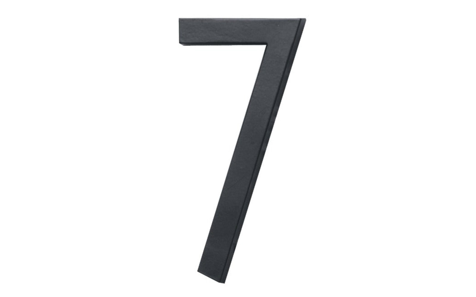 Number Seven House Number in a classy architectural style design. Satin black finish. 6" size house number with 1/2" material thickness. Can be installed flush mount or floating mount (elevated from wall for a shadow effect). #7 House Number. Hy-Ko Model No. FM-6/7. 029069310776